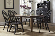 Hampstead 7 Piece Leg Table Dining Set With Rustic Oak Finish And Rustic Black Windsor Back Chairs