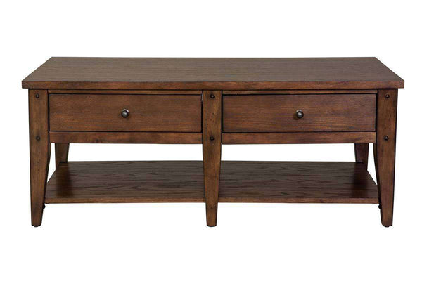 Harding Rustic Brown Oak Plank Top Coffee Table With Two Drawers And Shelf
