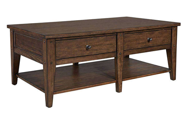 Harding Rustic Brown Oak Plank Top Coffee Table With Two Drawers And Shelf