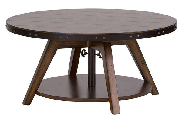 Harwood Rustic Russet Brown Round Motion Top Coffee Table With Metal Accents
