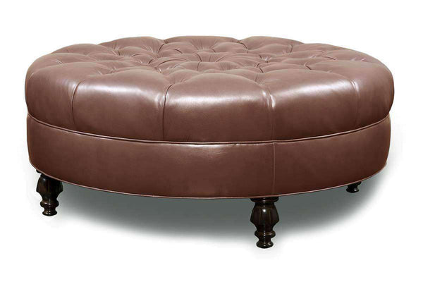 Ives medium and large round tufted ottoman measures either W38" round or W48" round x H20.5" with sturdy hardwood frame