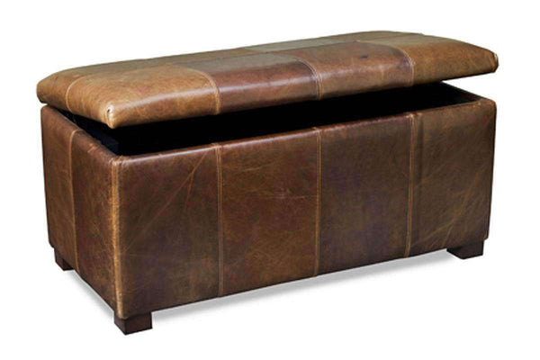 Lyle 40 Inch Long Leather Upholstered Patchwork Chest Ottoman With Storage