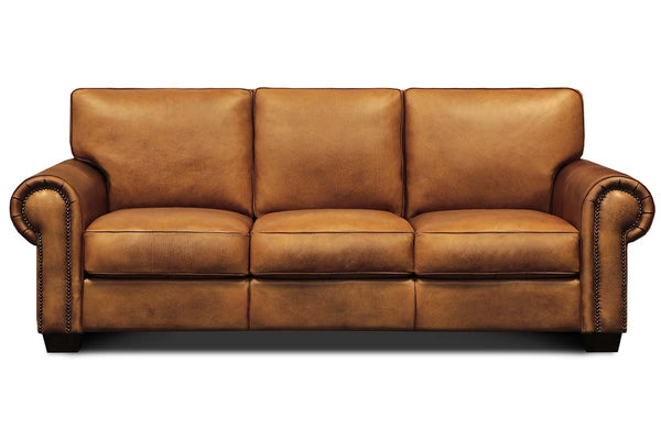 Marshall 92 Inch Traditional Leather Roll Arm Sofa With Nailheads