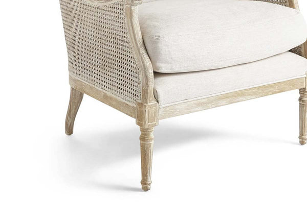 Newberry White Wash "Quick Ship" Natural Fabric Accent Chair With Decorative Cane / Wood Base