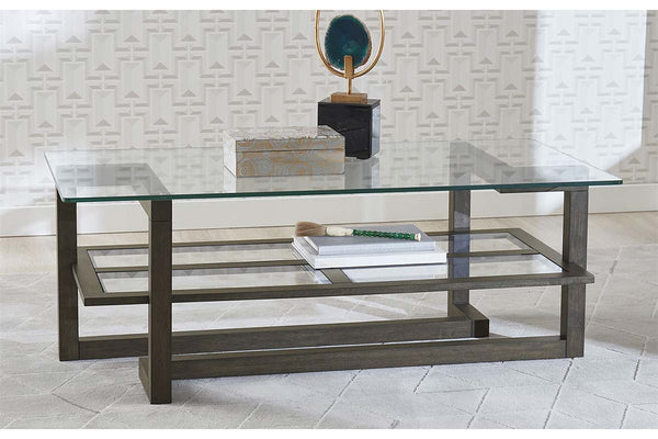 Parson Contemporary Rectangular Geometric Base Coffee Table With Glass Top And Shelf