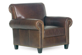 Prescott Traditional Leather Club Chair w/ Antiqued Brass Nailhead Trim