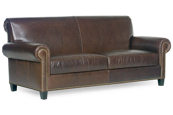 Prescott Leather Loveseat w/ Antiqued Brass Nailhead Trim