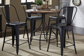 Reed 5 Piece Vintage Round Pub Table Set With Distressed Black Finish And Metal Bow Back Counter Chairs