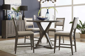 Ronan Contemporary 5 Piece Round Gathering Pedestal Table Set In A Distressed Weathered Gray Finish