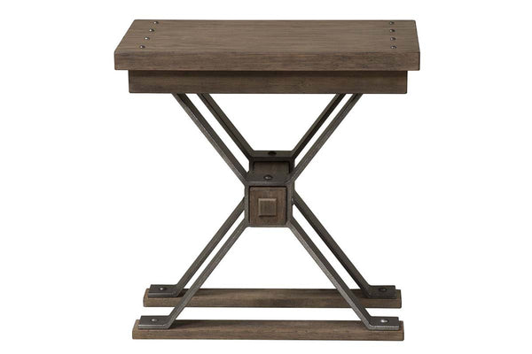 Rutherford Industrial Style Antique Pewter Metal Base Chair Side Table With Weathered Bark Top