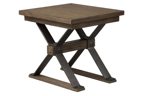 Rutherford Industrial Style Antique Pewter Metal Base End Table With Weathered Bark Top
