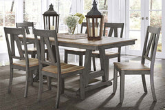 Silverton Rustic Farmhouse Gray With Sandstone Top 7 Piece Trestle Table Set