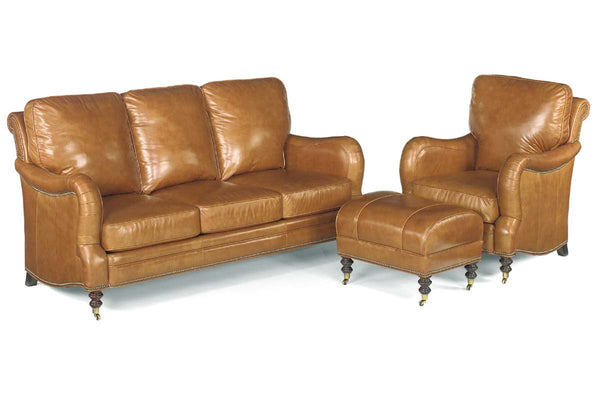 Sullivan Howard Reproduction Leather Three Seat Sofa Set w/ Decorative Antique Brass Nailhead Trim