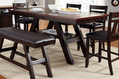 Thayer Contemporary 6 Piece Light And Dark Espresso Gathering Pedestal Table Dining Set With Splat Back Side Chairs And Bench