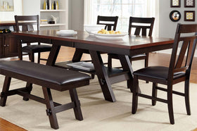 Thayer Contemporary 6 Piece Light And Dark Espresso Pedestal Table Dining Set With Splat Back Side Chairs And Bench