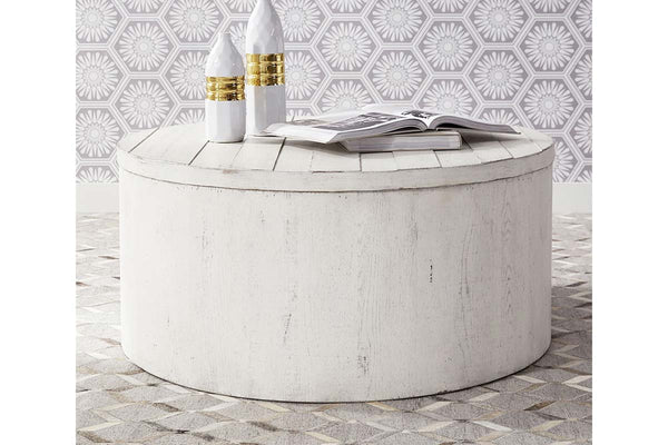 Tristan II Farmhouse Style Distressed White Round Drum Cocktail Table