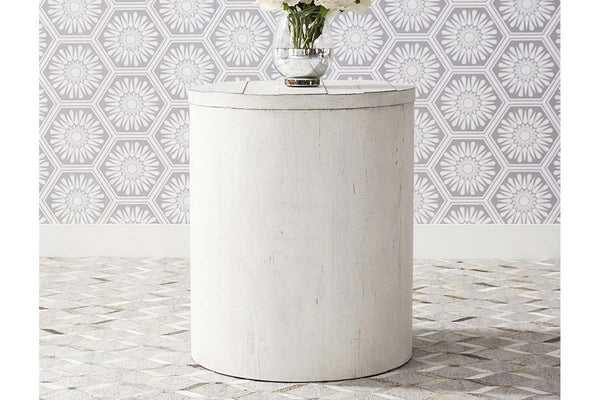 Tristan II Farmhouse Style Distressed White Round Drum Storage End Table