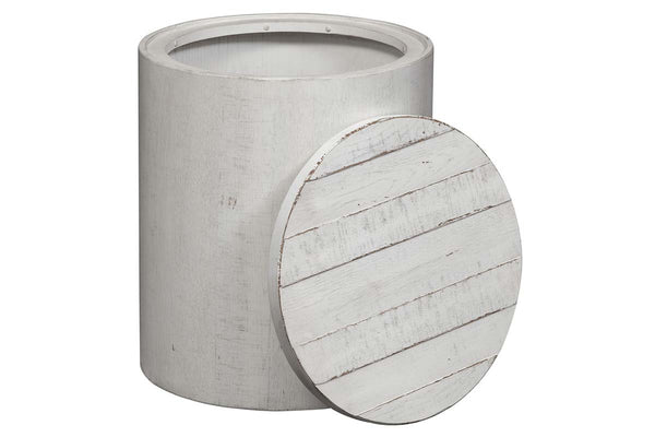 Tristan II Farmhouse Style Distressed White Round Drum Storage End Table