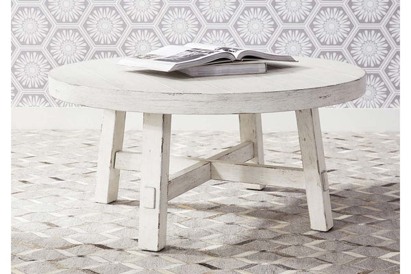 Tristan II Farmhouse Style Distressed White Round Splay Leg Coffee Table