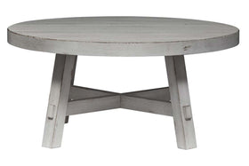 Tristan II Farmhouse Style Distressed White Round Splay Leg Coffee Table