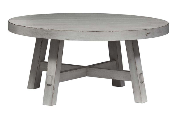 Tristan II Farmhouse Style Distressed White Round Splay Leg Coffee Table