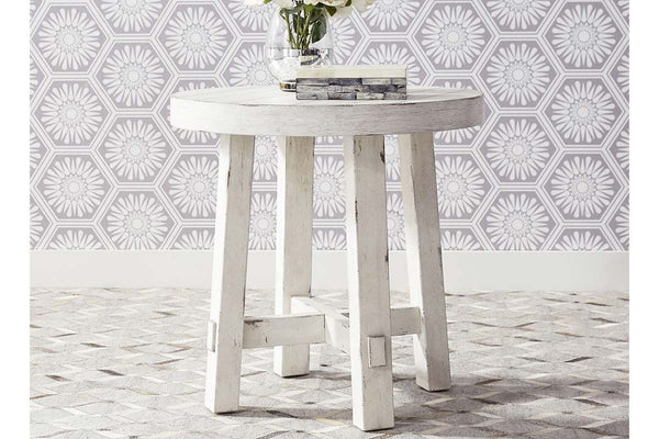Tristan II Farmhouse Style Distressed White Splay Leg Round End Table
