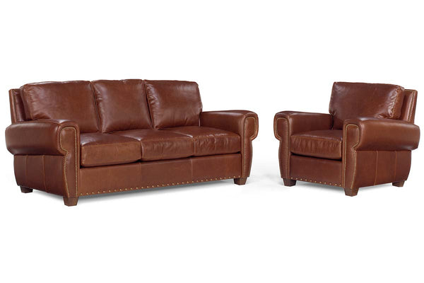 Weston "Designer Style" Leather Queen Sleeper Sofa & Recliner Set w/ Contrasting Nailhead Trim