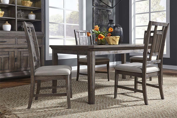 Zander Transitional 5 Piece Leg Table Dining Set With Aged Oak Finish And Lattice Back Side Chairs