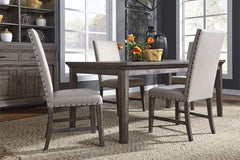 Zander Transitional 5 Piece Leg Table Dining Set With Aged Oak Finish And Upholstered Side Chairs