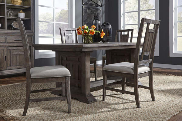 Zander Transitional 5 Piece Trestle Table Dining Set With Aged Oak Finish And Lattice Back Side Chairs