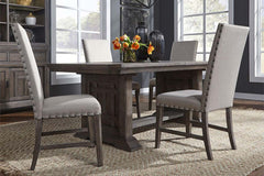 Zander Transitional 5 Piece Trestle Table Dining Set With Aged Oak Finish And Upholstered Side Chairs