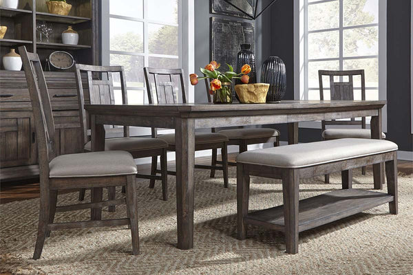 Zander Transitional 6 Piece Leg Table Dining Set With Aged Oak Finish And Lattice Back Side Chairs And Bench