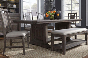Zander Transitional 6 Piece Trestle Table Dining Set With Aged Oak Finish And Lattice Back Side Chairs And Bench