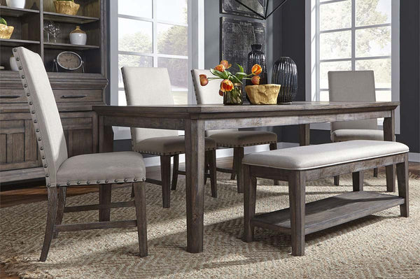 Zander Transitional 6 Piece Leg Table Dining Set With Aged Oak Finish And Upholstered Side Chairs And Bench