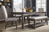 Image of Zander Transitional 6 Piece Leg Table Dining Set With Aged Oak Finish And Upholstered Side Chairs And Bench