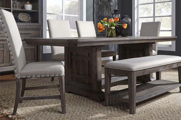Zander Transitional 6 Piece Trestle Table Dining Set With Aged Oak Finish And Upholstered Side Chairs And Bench