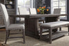 Image of Zander Transitional 6 Piece Trestle Table Dining Set With Aged Oak Finish And Upholstered Side Chairs And Bench