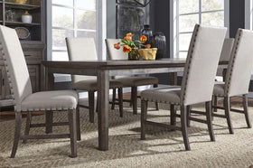 Zander Transitional 7 Piece Leg Table Dining Set With Aged Oak Finish And Upholstered Side Chairs