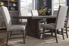 Zander Transitional 7 Piece Trestle Table Dining Set With Aged Oak Finish And Upholstered Side Chairs