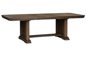 Zander Transitional 6 Piece Trestle Table Dining Set With Aged Oak Finish And Lattice Back Side Chairs And Bench