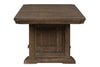 Image of Zander Transitional 6 Piece Trestle Table Dining Set With Aged Oak Finish And Lattice Back Side Chairs And Bench